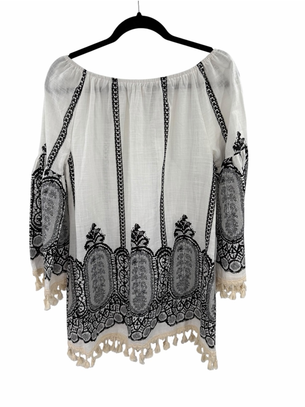 Velzera Off The Shoulder Damask Fringe Tunic Mini Dress Boho Chic Cotton Small